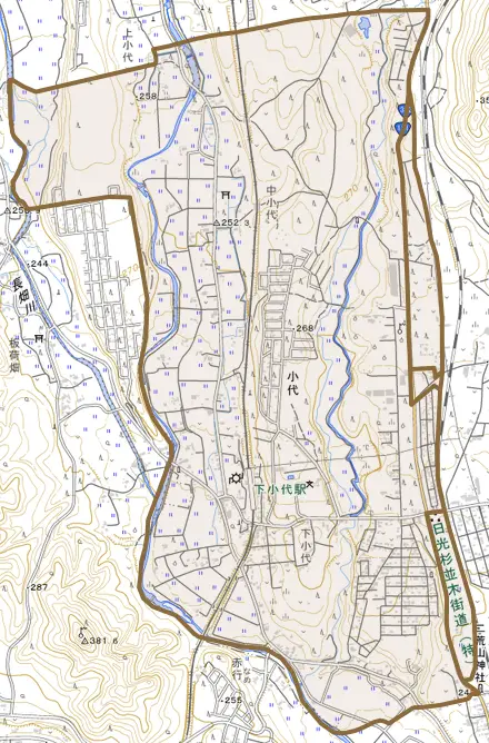 小代とその周辺の地図。町の範囲を重ねている