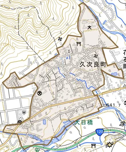 久次良町とその周辺の地図。町の範囲を重ねている