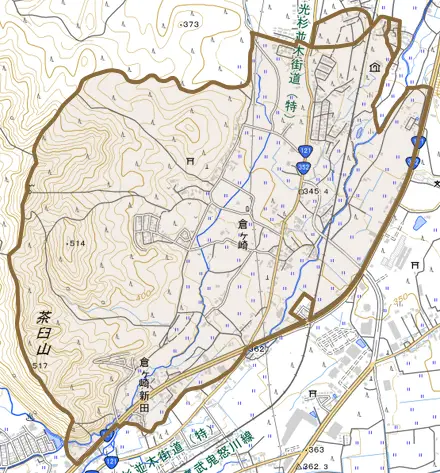倉ケ崎とその周辺の地図。町の範囲を重ねている