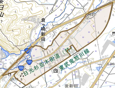 倉ケ崎新田とその周辺の地図。町の範囲を重ねている