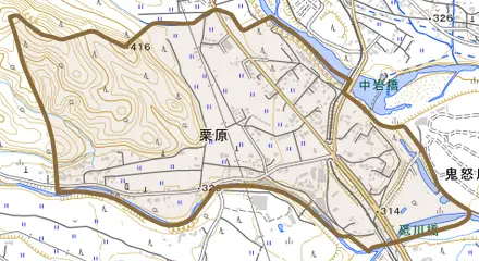 栗原とその周辺の地図。町の範囲を重ねている