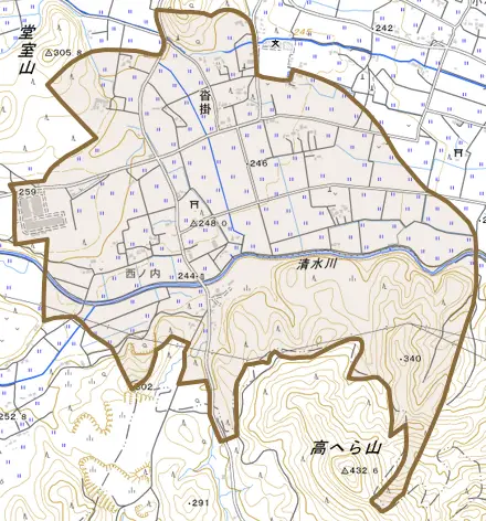 沓掛とその周辺の地図。町の範囲を重ねている