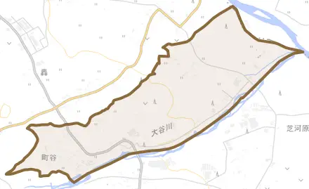 町谷とその周辺の地図。町の範囲を重ねている