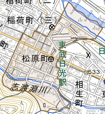 松原町とその周辺の地図。町の範囲を重ねている