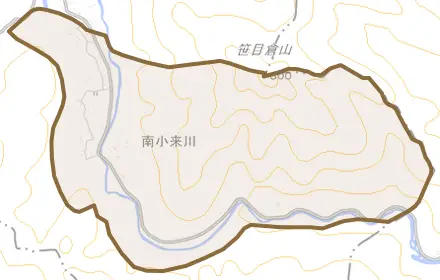 南小来川とその周辺の地図。町の範囲を重ねている