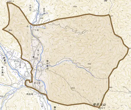宮小来川とその周辺の地図。町の範囲を重ねている