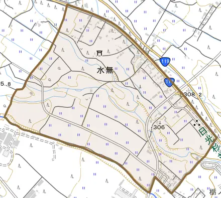 水無とその周辺の地図。町の範囲を重ねている
