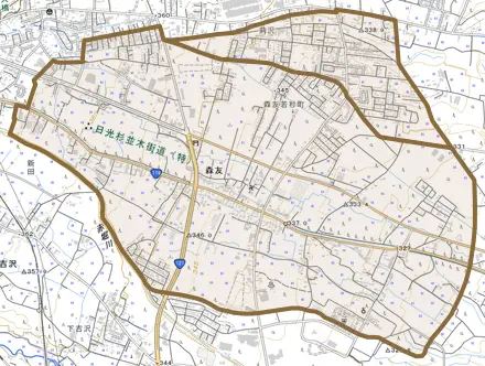 森友とその周辺の地図。町の範囲を重ねている