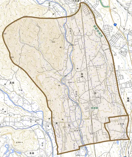 明神とその周辺の地図。町の範囲を重ねている