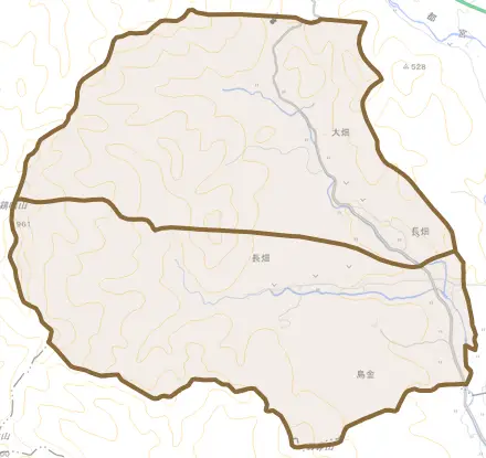 長畑とその周辺の地図。町の範囲を重ねている