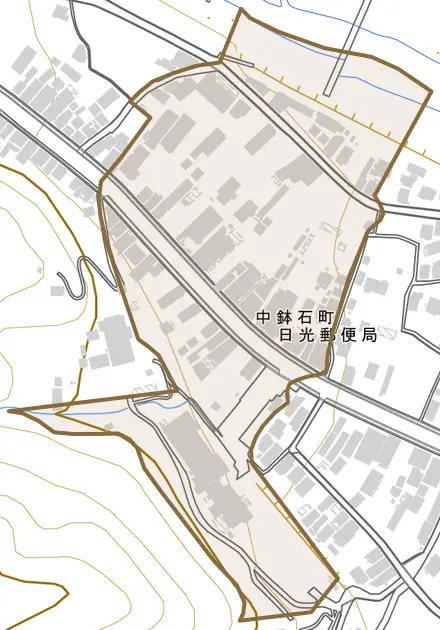 中鉢石町とその周辺の地図。町の範囲を重ねている