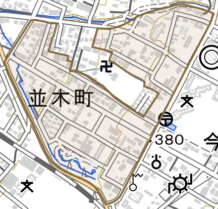 並木町とその周辺の地図。町の範囲を重ねている
