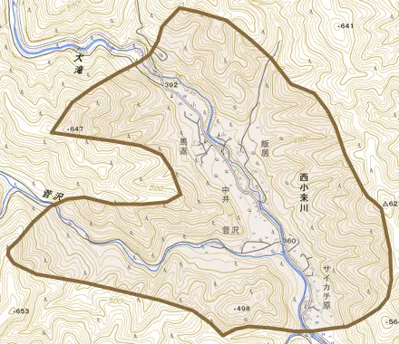 西小来川とその周辺の地図。町の範囲を重ねている