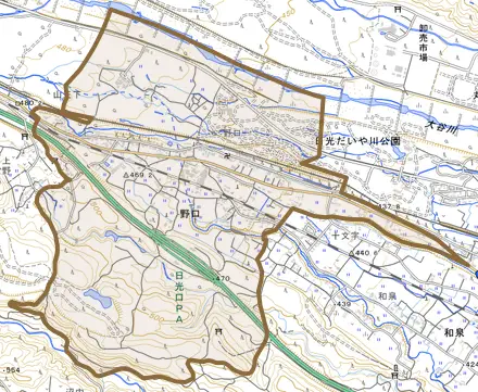 野口とその周辺の地図。町の範囲を重ねている