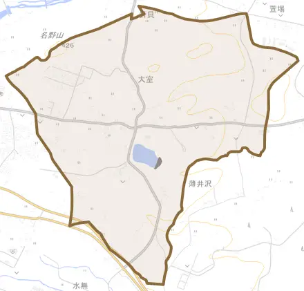 大室とその周辺の地図。町の範囲を重ねている