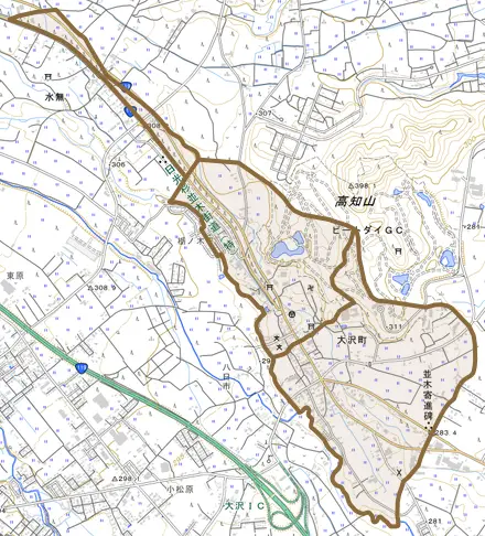 大沢町とその周辺の地図。町の範囲を重ねている