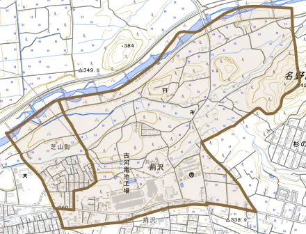 荊沢とその周辺の地図。町の範囲を重ねている