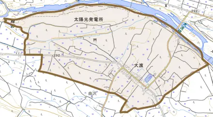 大渡とその周辺の地図。町の範囲を重ねている