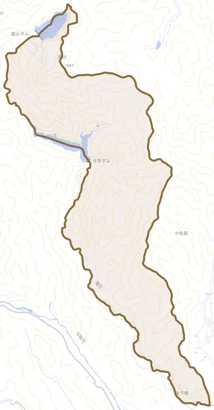 佐下部とその周辺の地図。町の範囲を重ねている