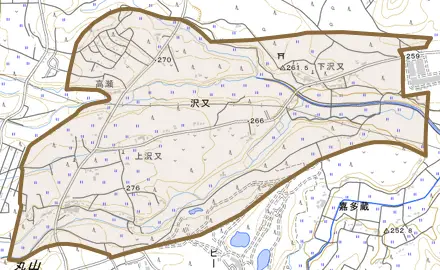 沢又とその周辺の地図。町の範囲を重ねている