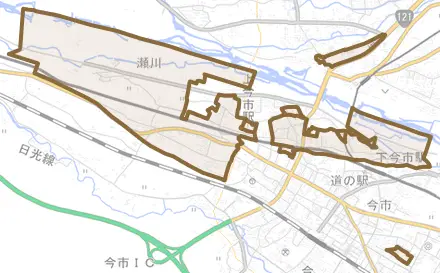 瀬川とその周辺の地図。町の範囲を重ねている