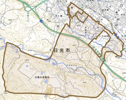 千本木とその周辺の地図。町の範囲を重ねている