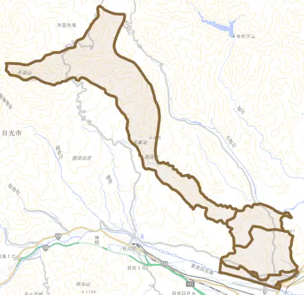 瀬尾とその周辺の地図。町の範囲を重ねている