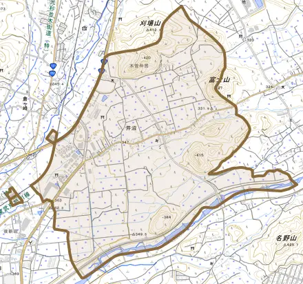 芹沼とその周辺の地図。町の範囲を重ねている