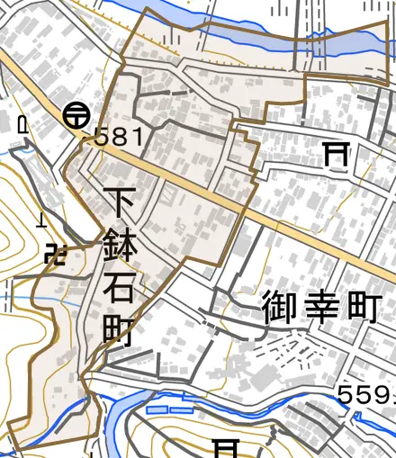 下鉢石町とその周辺の地図。町の範囲を重ねている