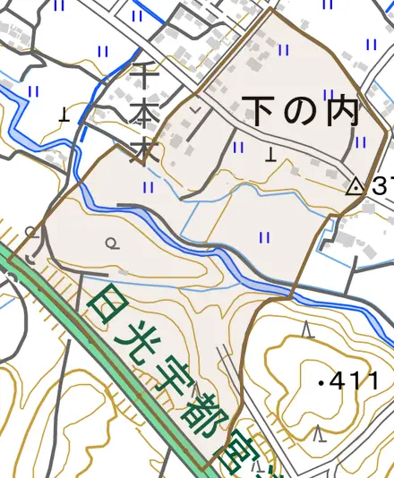 下の内とその周辺の地図。町の範囲を重ねている