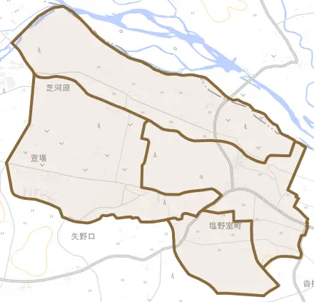 塩野室町とその周辺の地図。町の範囲を重ねている