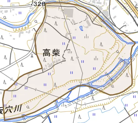 高柴とその周辺の地図。町の範囲を重ねている