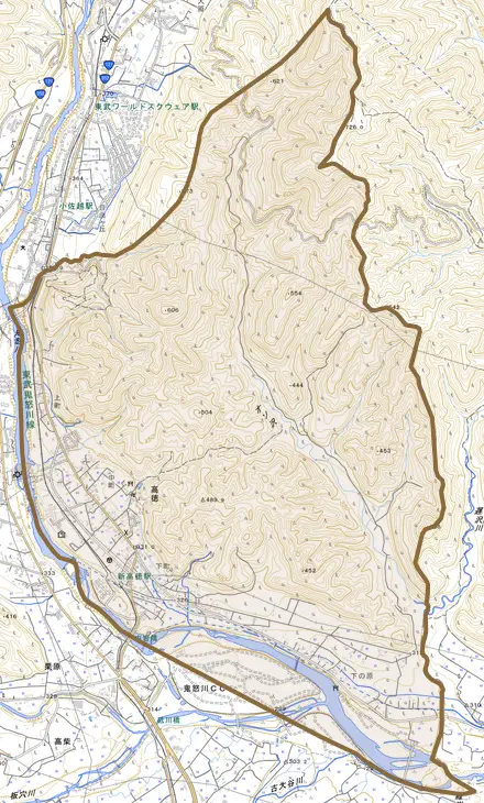 高徳とその周辺の地図。町の範囲を重ねている