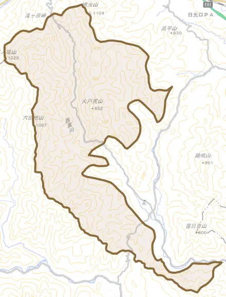 滝ケ原とその周辺の地図。町の範囲を重ねている
