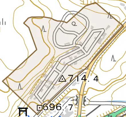 丹勢とその周辺の地図。町の範囲を重ねている