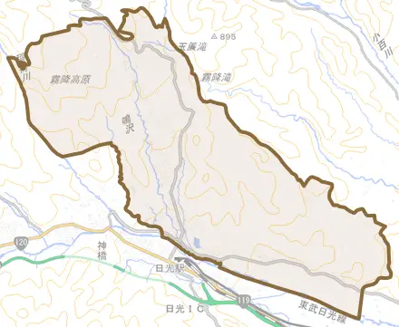 所野とその周辺の地図。町の範囲を重ねている