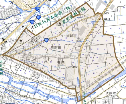 豊田とその周辺の地図。町の範囲を重ねている