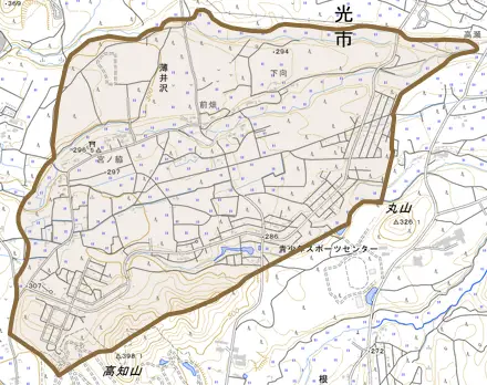 薄井沢とその周辺の地図。町の範囲を重ねている