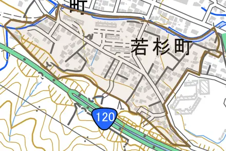 若杉町とその周辺の地図。町の範囲を重ねている