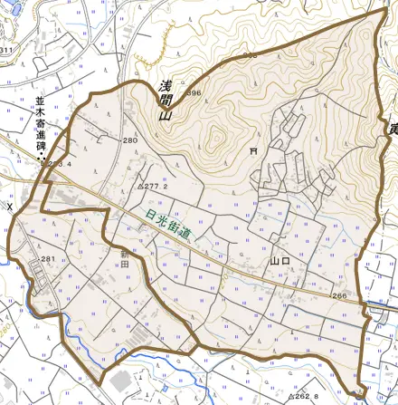 山口とその周辺の地図。町の範囲を重ねている