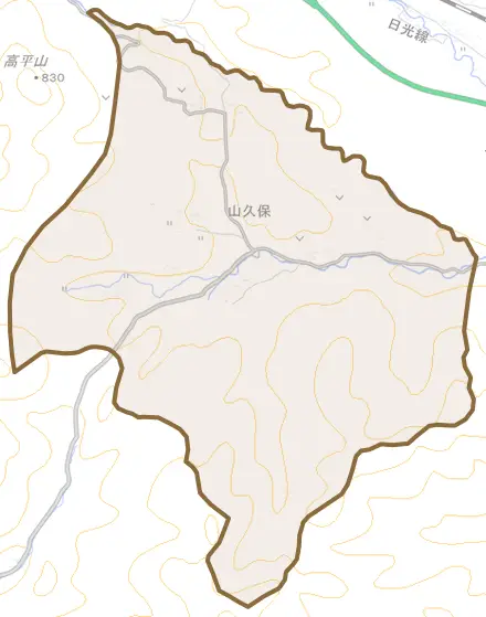 山久保とその周辺の地図。町の範囲を重ねている