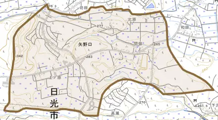 矢野口とその周辺の地図。町の範囲を重ねている