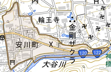 安川町とその周辺の地図。町の範囲を重ねている