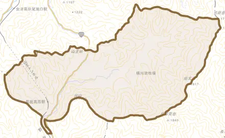 横川とその周辺の地図。町の範囲を重ねている