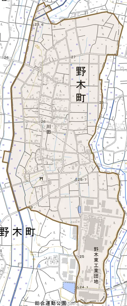 大字川田とその周辺の地図。町の範囲を重ねている
