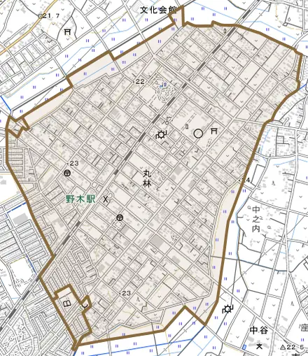 大字丸林とその周辺の地図。町の範囲を重ねている