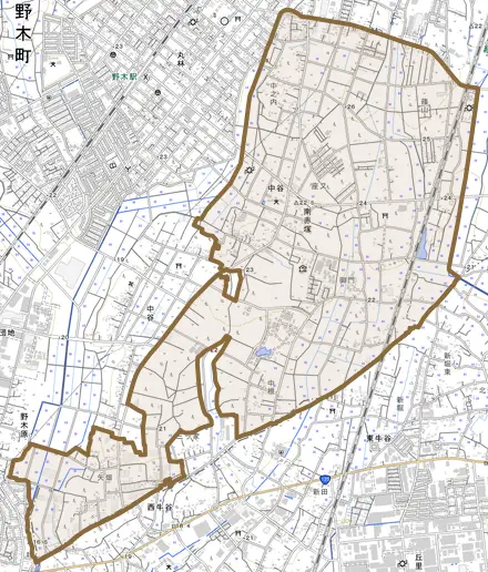 大字南赤塚とその周辺の地図。町の範囲を重ねている