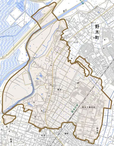 大字野木とその周辺の地図。町の範囲を重ねている