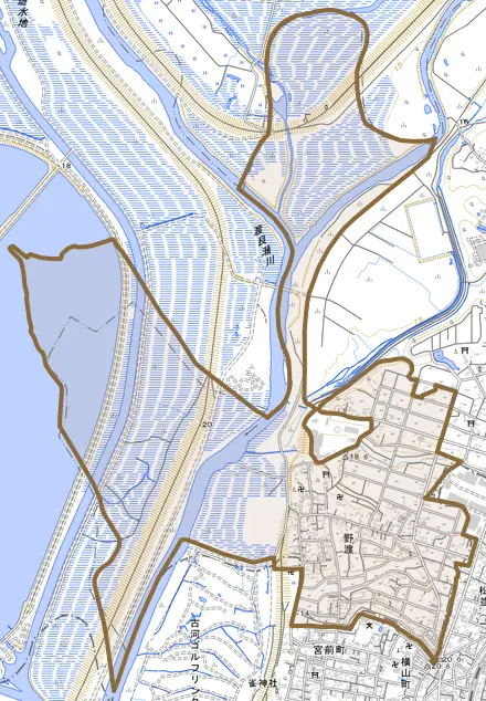 大字野渡とその周辺の地図。町の範囲を重ねている