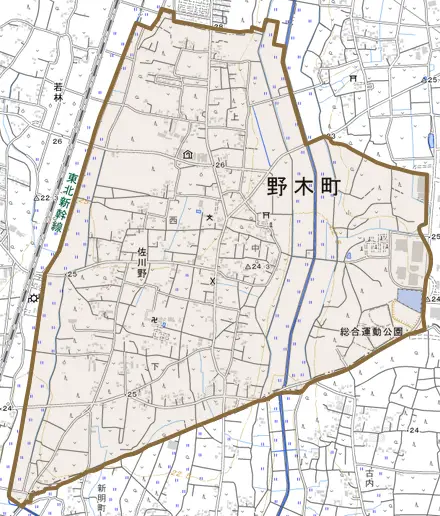 大字佐川野とその周辺の地図。町の範囲を重ねている